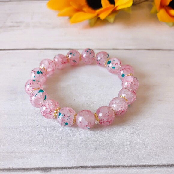New Pink Glass w/Multicolor Specks Stretch Bracelet Crackled Beads - Picture 1 of 5